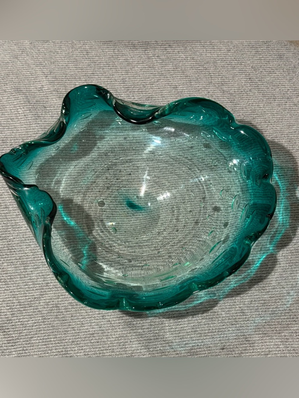 Murano Controlled Bubble Emerald Green Heavy Assymetric Bowl w/Scalloped Edges